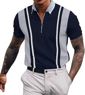 Men's Quarter Zip Collared Short Sleeve Tee Shirt Casual Summer Striped Color-Block Tops Slim Fit Golf Shirts