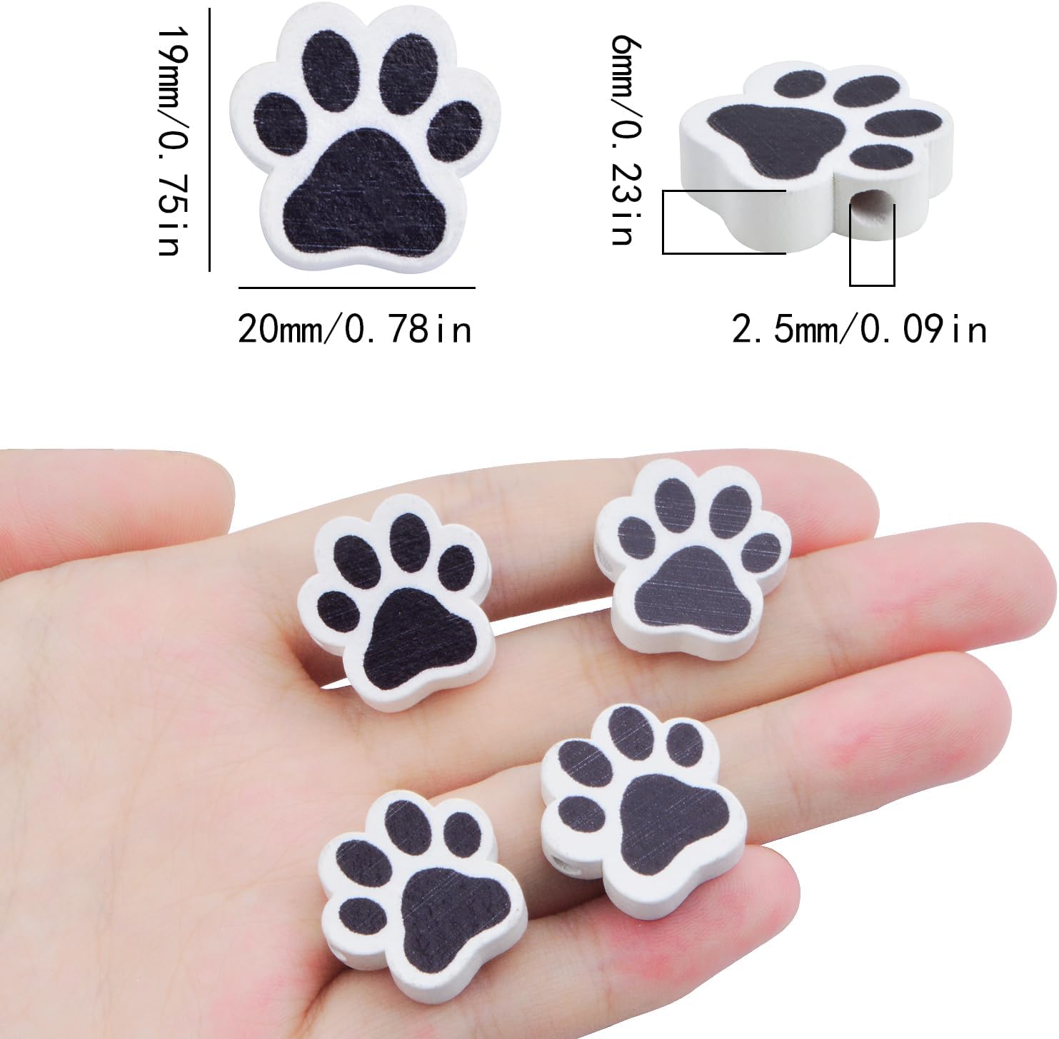 100pcs Pet Dog Paw Print Shape Wooden Spacer Beads - Black and White Wood Craft Beads for DIY Jewelry Making, Party Home Decoration Gifts - Image 3