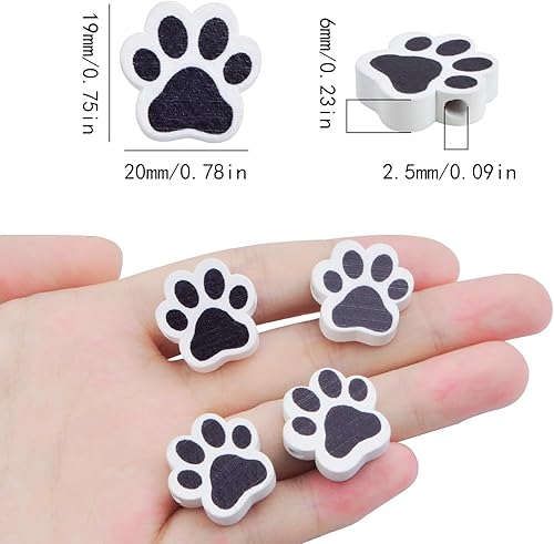 Miniatura 3 de 100 cuentas espaciadoras de madera con forma de huella de perro para mascotas, cuentas espaciadoras de madera en blanco y negro para hacer joyas,