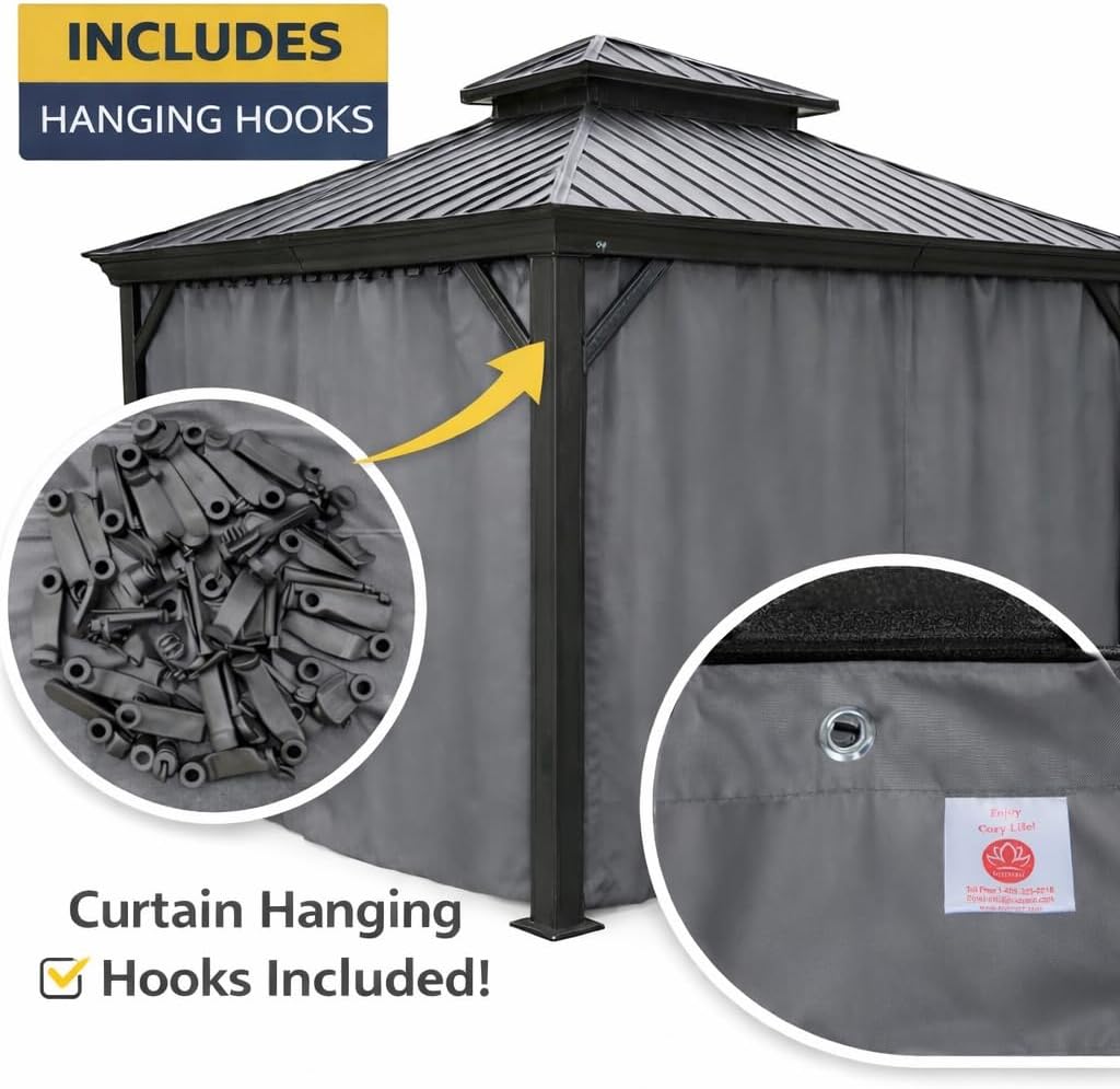 Kozyard 12' x 20'Outdoor Gazebo Privacy Curtain Sidewall, Waterproof Patio Privacy Curtain with Center-Zip Design, Replacement for Hardtop Gazebo Gray
