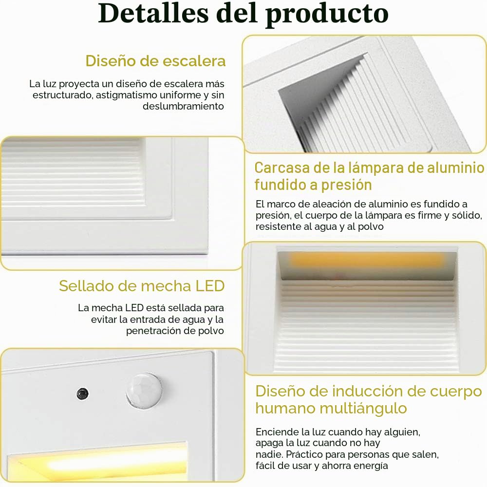 Juego de 4 luces LED empotrables para escaleras, aluminio, 3 W, 230 V, luz blanca cálida, iluminación exterior con detector de movimiento, lámpara de pared, IP65, resistente al agua