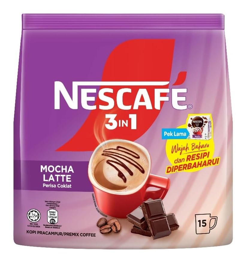 NESCAFE 3 in 1 Mocha Latte Instant Coffee Mix, Chocolate Flavor, Each 25g X15 Sachets, Premix Coffee Powder (From Malaysia)