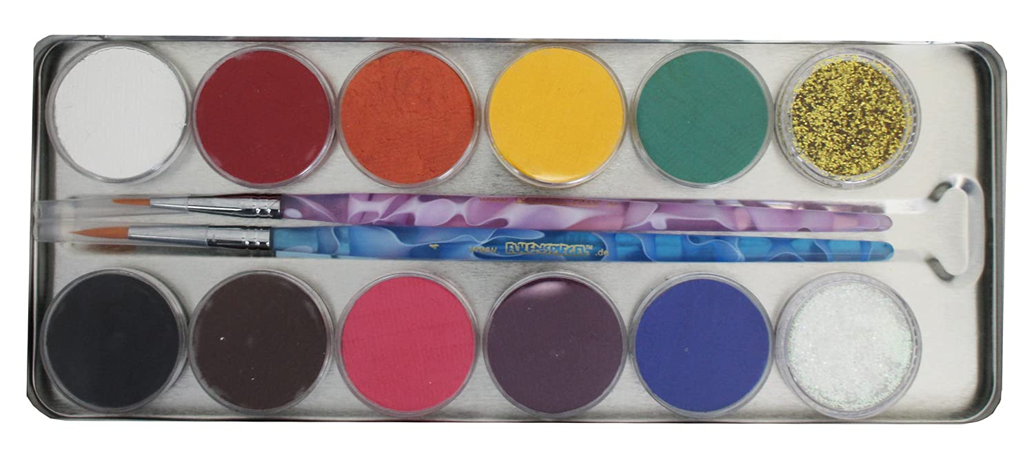 Eulenspiegel 212288 - Metall-Palette Circus Roncalli, 10 x 5 g Farben, 1 Glitter Classic Gold, 1 Glitter Perlmutt, 2 Celebration-Pinsel, 3 Schwämme