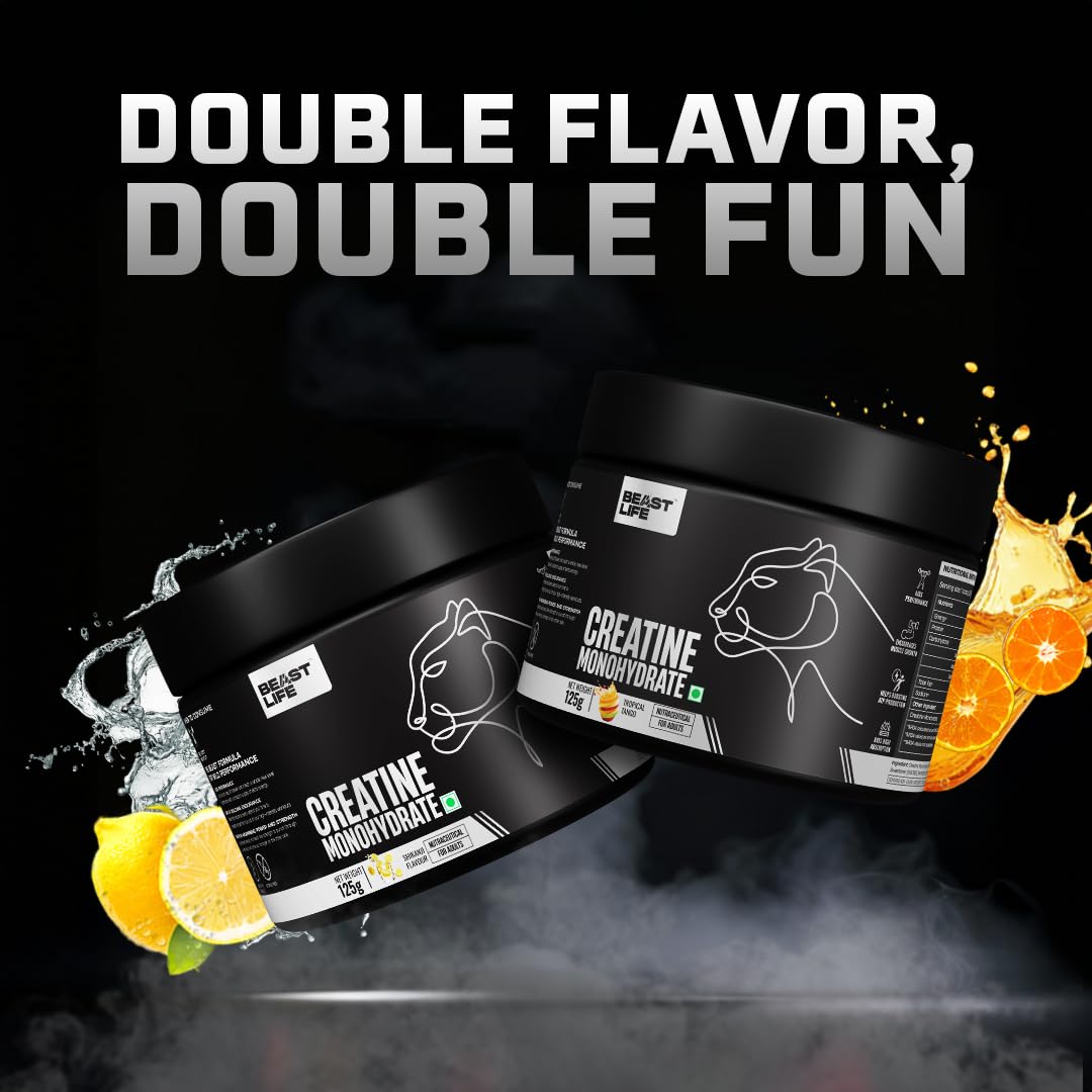BeastLife Creatine Monohydrate | Super Micronised | 3 Flavours (125g X 3) | Rapid Absorption | Muscle Strength & Recovery | Shikanji + Tropical Tango + Watermelon | For Men & Women | Lab Tested | 99 Servings