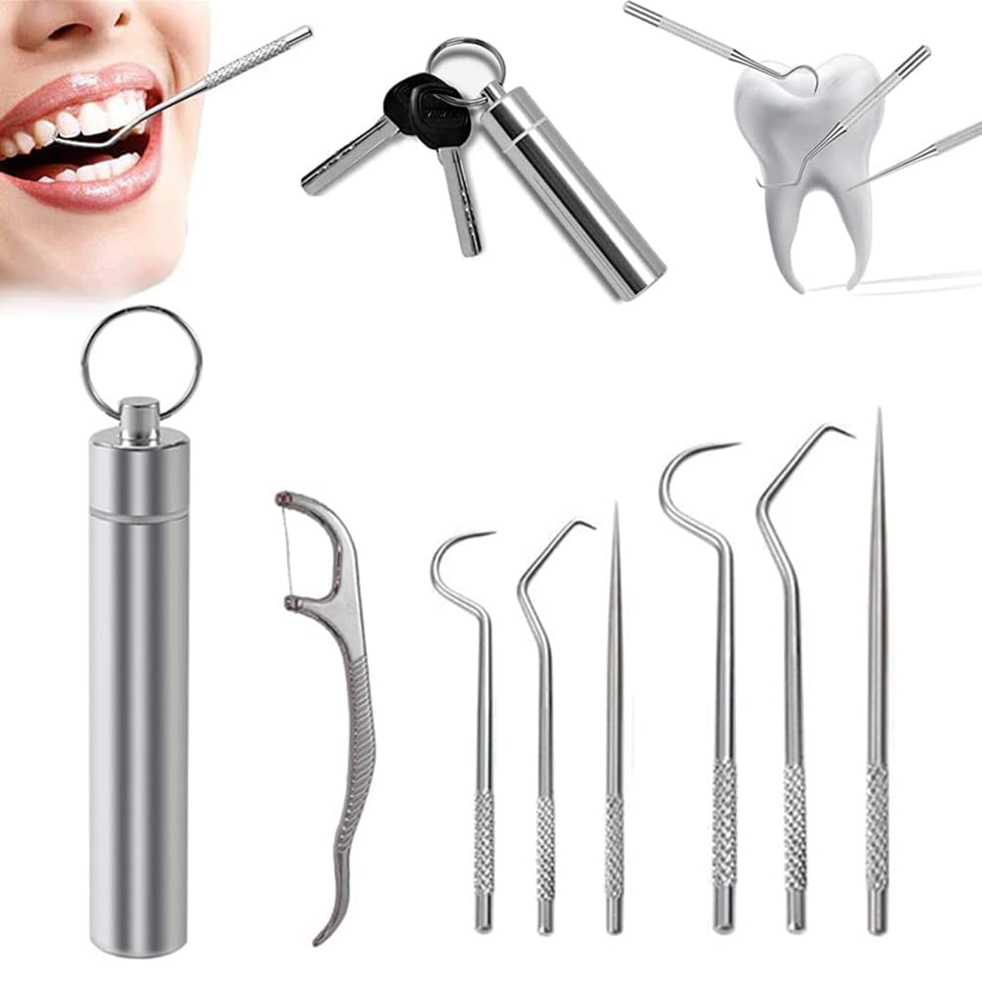 FAMOUS SHOP Dental Tools, 7 Pcs Stainless Steel Teeth Cleaning Kit, Dental Hygiene Kit with Teeth Picks, Flosser, Tartar Removal, Personal Care Set FAMOUS SHOP Dental Tools, 7 Pcs Stainless Steel Teeth Cleaning Kit, Dental Hygiene Kit with Teeth Picks, Flosser, Tartar Removal, Personal Care Set