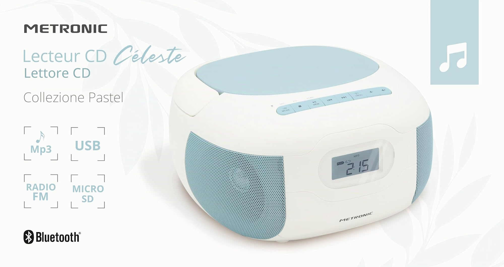 MOOOV 477187 Lettore CD Radio FM Portatile Bluetooth - Voce Boombox Stereo MP3 Ingresso USB, AUX-in, Micro-SD, Presa per cuffie, Schermo LCD - Alimentazione CA o Batteria - Blu