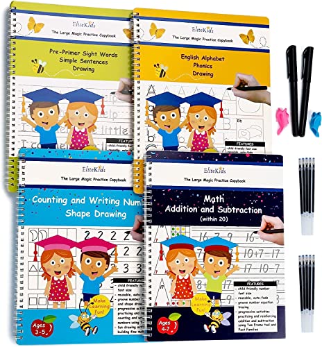 Teacher Designed Large11x8.5in Magic Practice Copybook for Kids, Reusable Hand Writing Practice Book Kit with Sight Words, Learn to Write Set with Magic Ink for Children 4 Years Olds and Up (4 Pack)