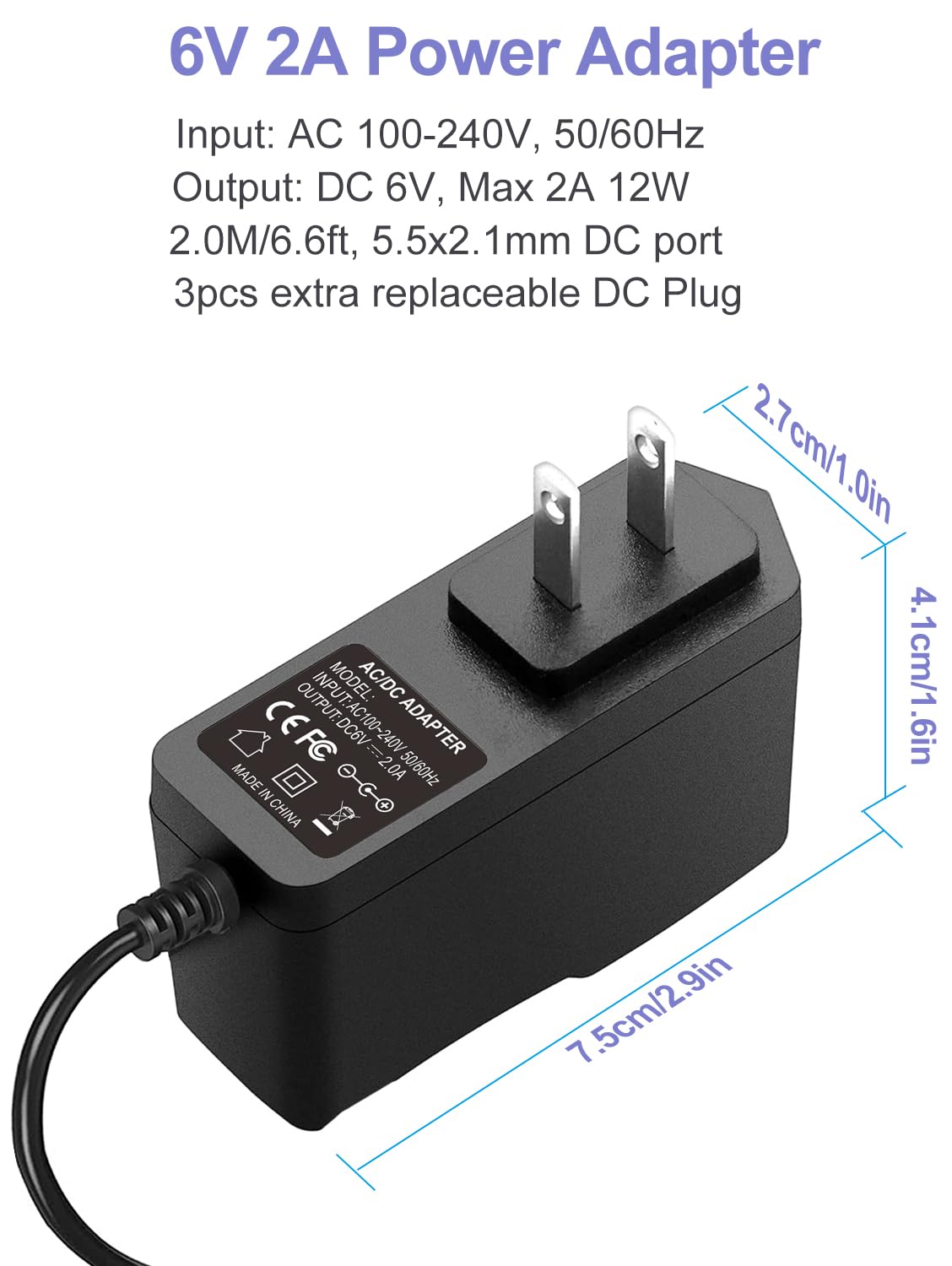 Andrea Miniatures Adaptador De Fuente De Alimentación 6V 2A 12W AC/DC Cargador AC 100-240V A DC 6V 2A 160mA 250mA 300mA 450mA 0.5A 0.85A 1A 1.25A 1.3A 1.5A Con 5.5 X 2.5/0.083