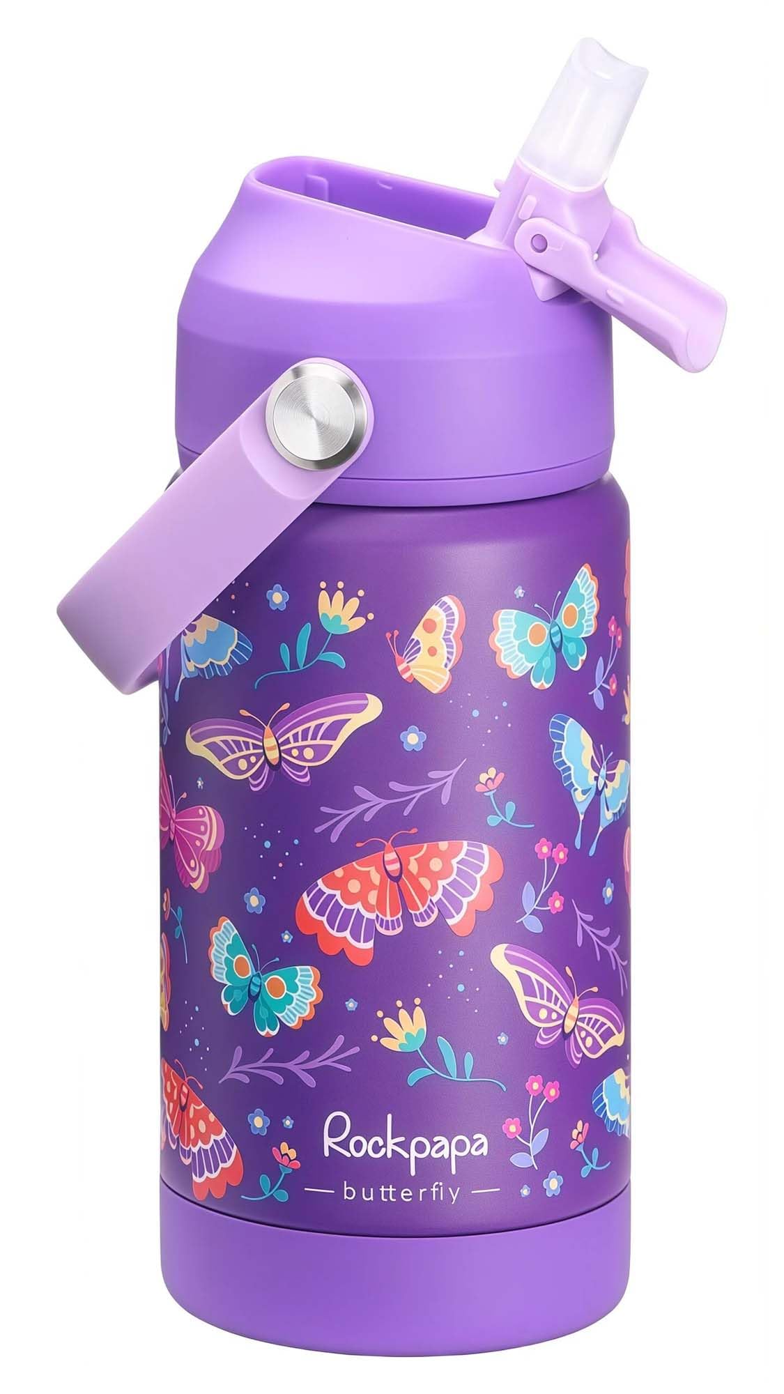 Rockpapa Kids Insulated Water Bottle with Straw, BPA-Free, 18/8 Stainless Steel, Leak Proof, 14OZ Metal Cup Water Bottle for School Boys Girls (Purple Butterfly) โ image 1