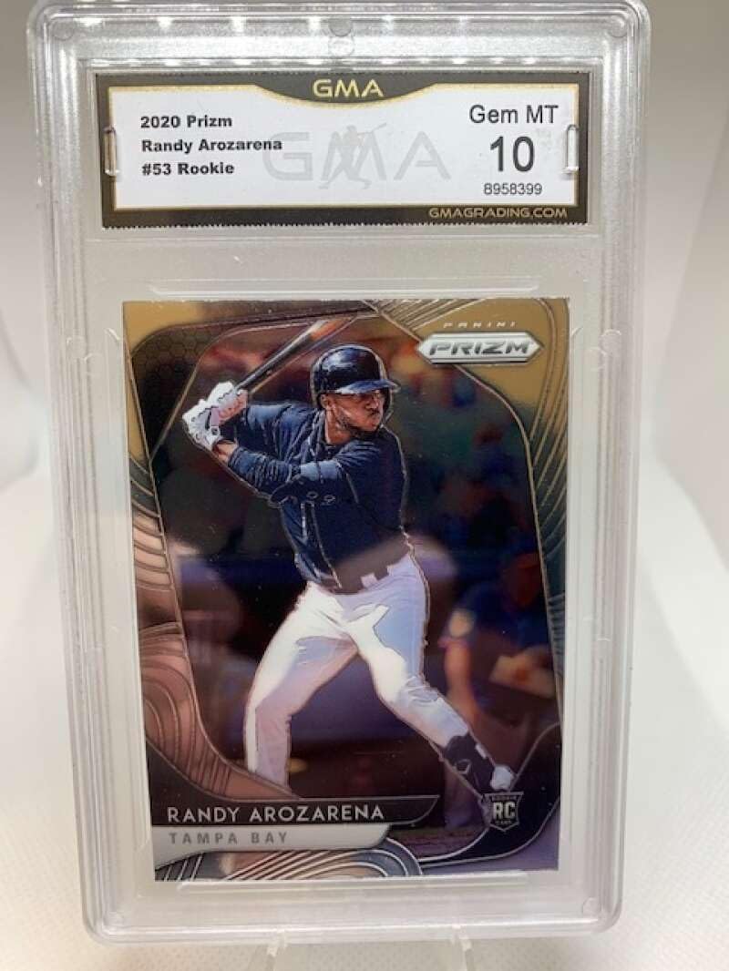 GMA Gem Mint 10 - #8958399 2020 Panini Prizm Rookie - #53 Randy Arozarena Tampa Bay Rays Professionally Graded MLB Baseball Trading Card.