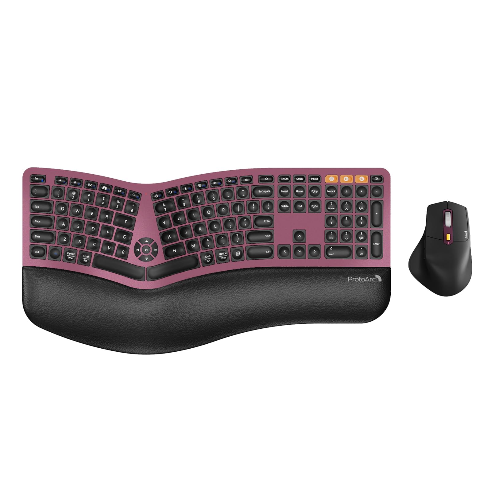 Ergonomic Wireless Keyboard Mouse, ProtoArc EKM01 Plus Full Size Ergo Bluetooth Keyboard Mouse Combo, Split Design, Wrist Rest, Multi-Device, Rechargeable, for Windows/Mac - Wine Red