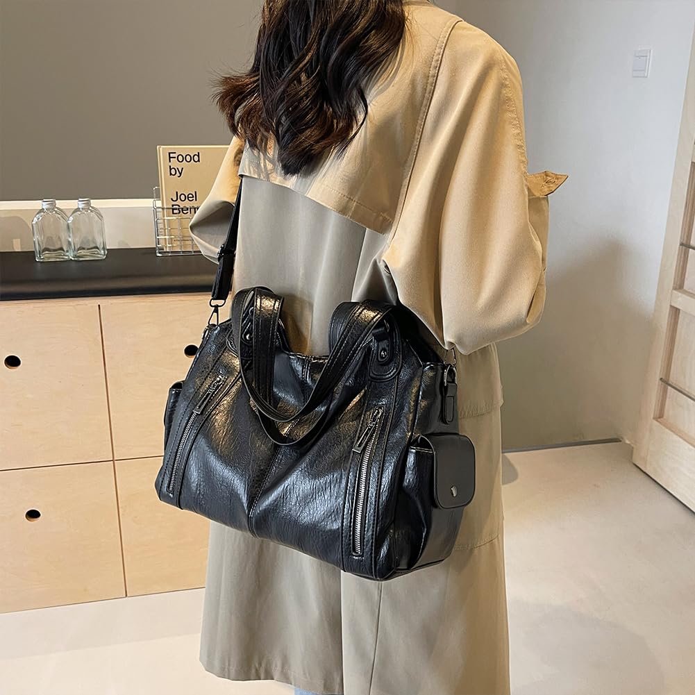 GSenhui Bolso de mano vintage para mujer, bolso de ciudad, holgado, grande, de piel sintética, estilo punk, bolso de hombro para mujer, para viajes, negro