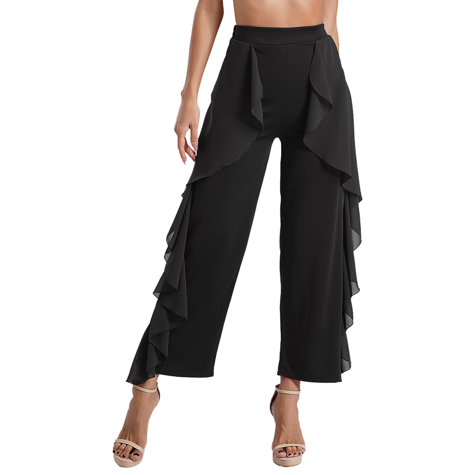 inlzdz Damen Tanzhose Standard Latein Tanz Lange Hose Pants Weites Bein Hose mit Rüschen Hohe Taille Trainingshose Dancewear