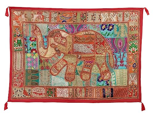 Image of Ekam Art Rajasthani Handmade Heavy Elephant Embroidery Cotton Patchwork Tapestry Cotton Wall Decor Hanging Beaded Tapestries Home Living Room Decor 40 x 60 Inch (Orange)