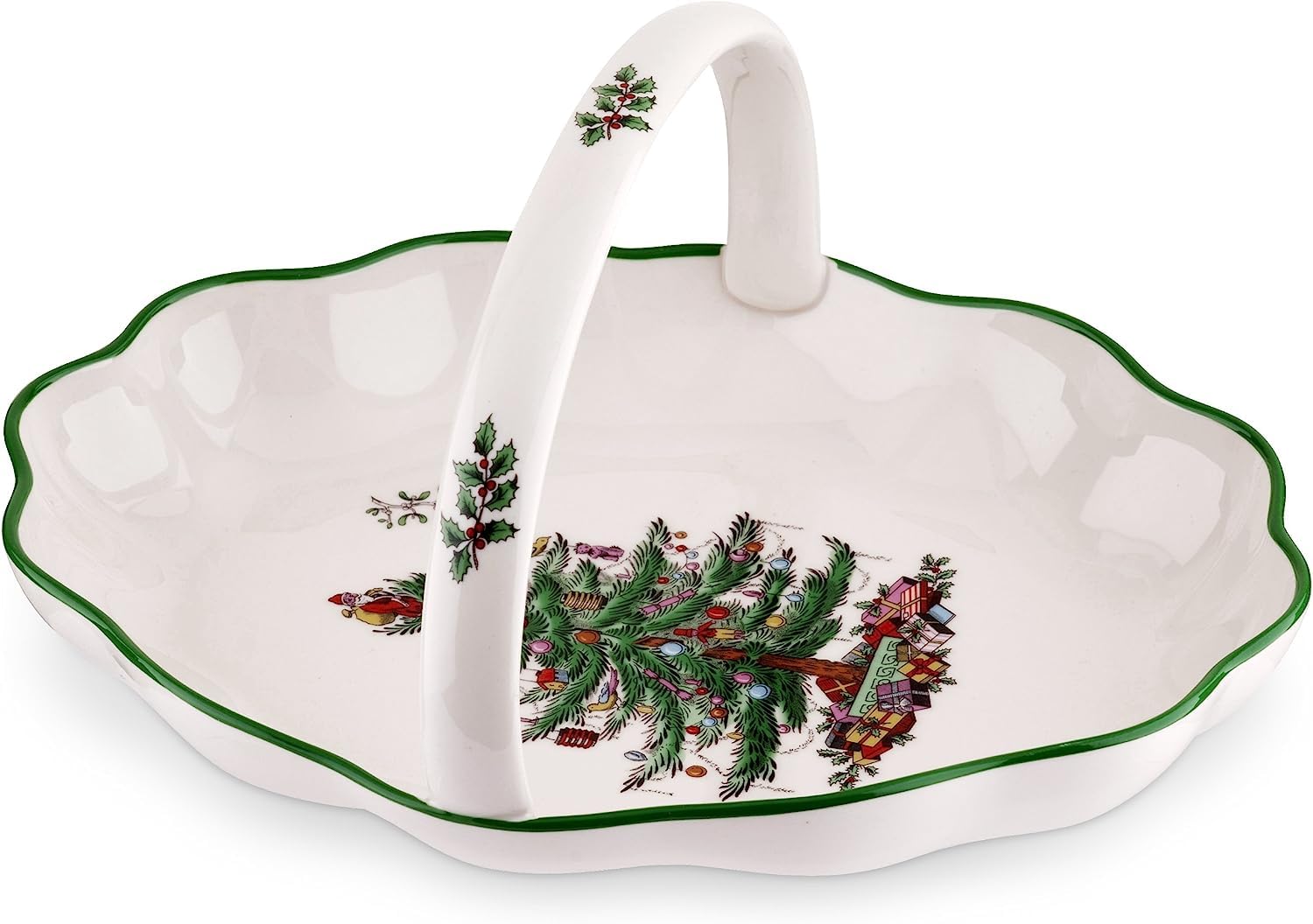 Christmas Tree Oval Breadbasket, 10 Inch Handled Bowl for Fruit, Bread, Cookies - Fine Earthenware Gift, Festive Tabletop Holiday Serveware & Seasonal Decor, Dishwasher Safe Tableware
