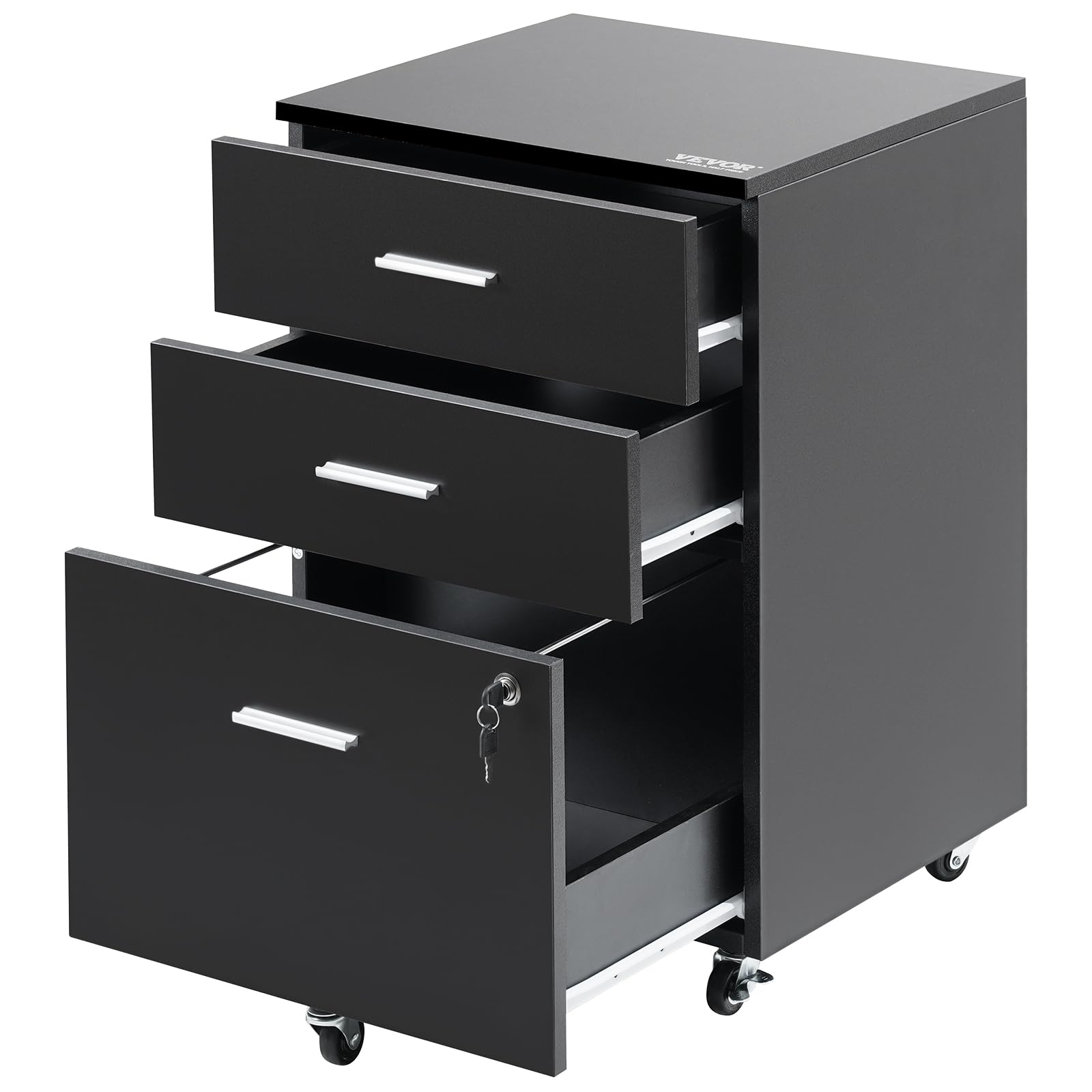 VEVOR Aktenschrank aus Holz mit 3 Schubladen, Aktenschrank mit Verschluss für Brief/A4-Format, 5 Rollen, Schwarz