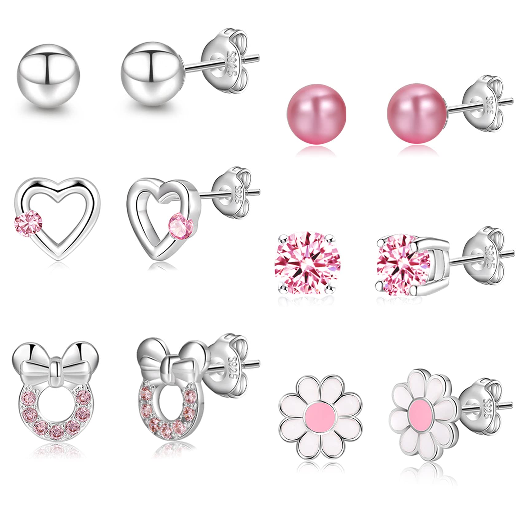 RANKEEF aretes de plata de ley 925 para niñas y mujeres, aretes hipoalergénicos, aretes de aro de, bola de, mariposa, margarita, juegos de aretes para adolescentes y niños pequeños, Plata de ley