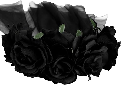 Miniatura 7 de HAOZAIKEJI Halloween Fantasma Novia Velo Floral Corona Tocado Muerto Zombie Headwear Bruja Negro Encaje Corona Fiesta Fantasía