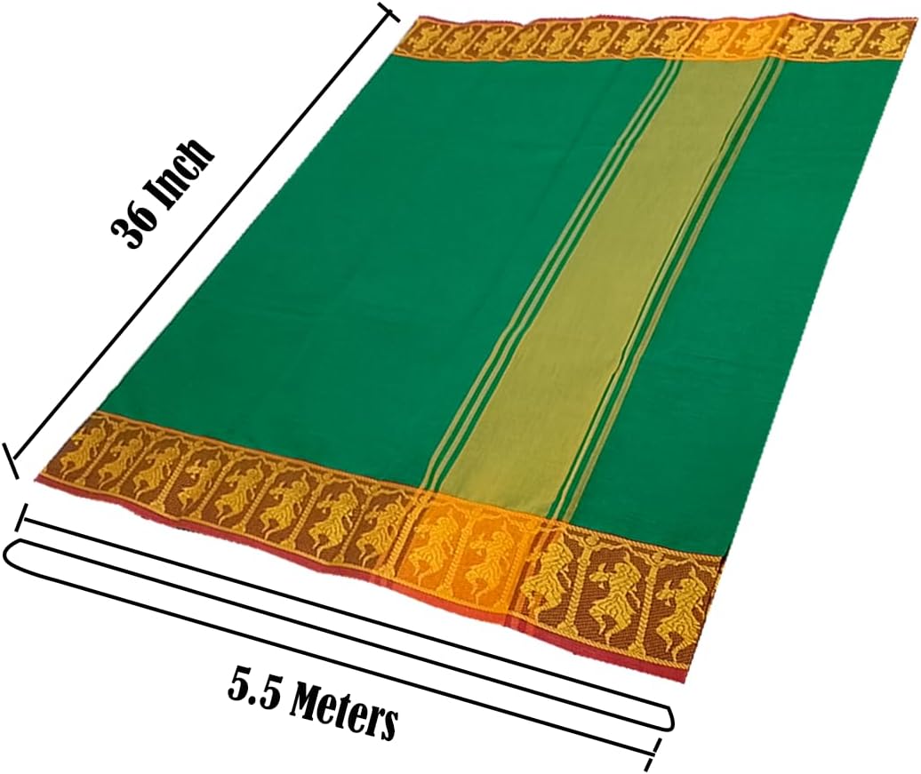 Samyuktha Handmade Bharatanatyam & Kuchipudi Dance Practice Cotton Saree (Cross Green With Red&Yellow Colour Doll Border)