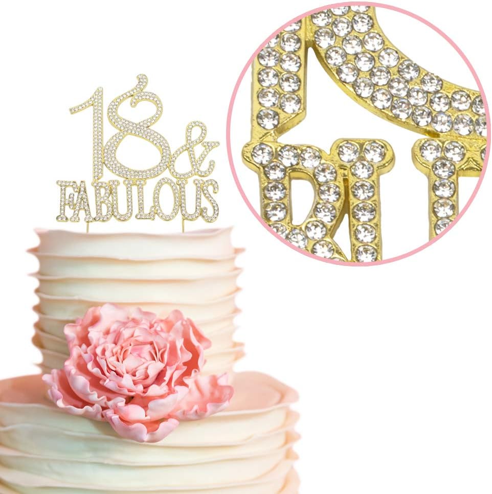 Premium Metal 18 and Fabulous Rhinestone Gem Cake Topper. 18th Birthday or Anniversary Party Keepsake and Decoration. Sparkling, Crystal and Diamond Style Bling Is a Great Centerpiece. (18&Fab Gold)