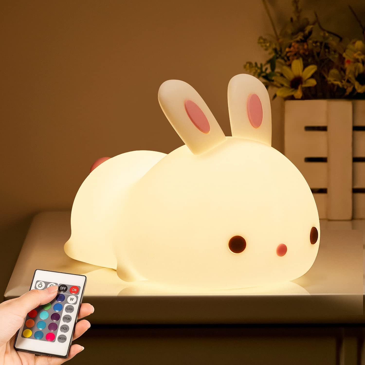 Bedside Companion Baby Room Decor, Rabbit Bedroom Decorative Nursery Lamp, Induction Portable Soft Silicone Cute,Style Lamp Rechargeable with Remote and Tap Control (Lovely Bunny)