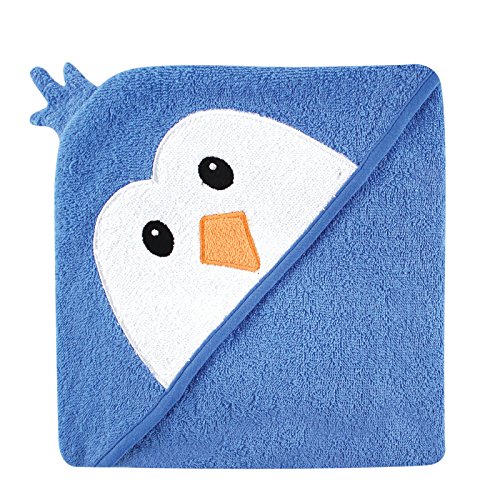 Image of Luvable Friends Unisex Baby Cotton Animal Face Hooded Towel, Blue Penguin, One Size