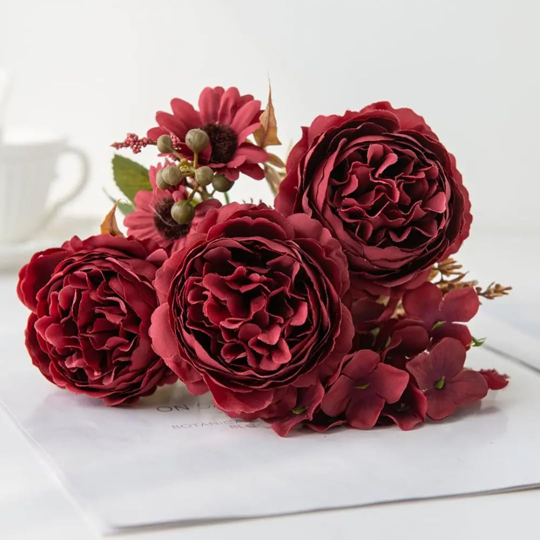 Pivoine artificielle en soie rouge pour bouquet de mariée et bricolage maison