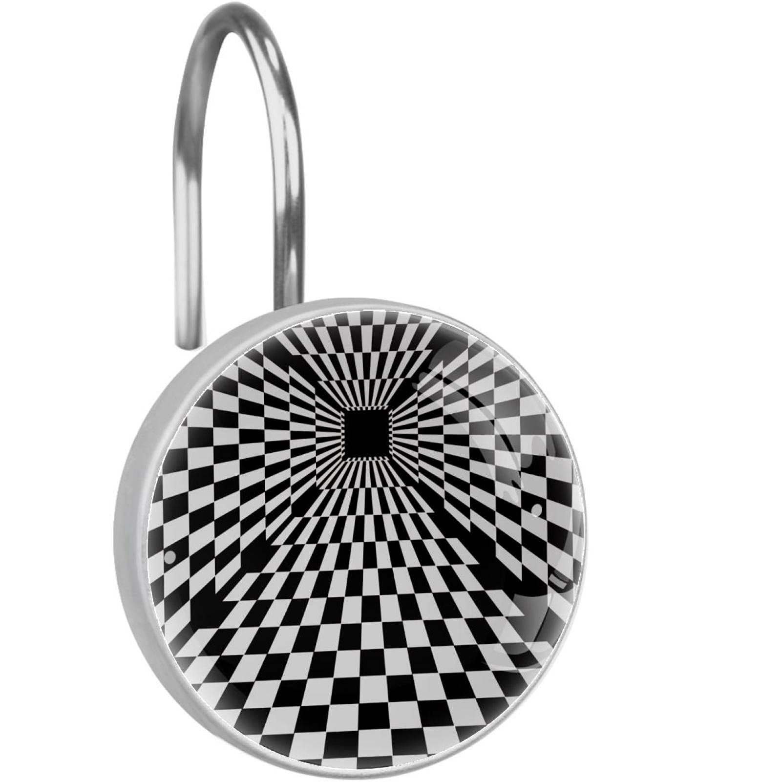 Crochets de rideau de douche en acier inoxydable noirs et blancs avec motif abstrait, x12