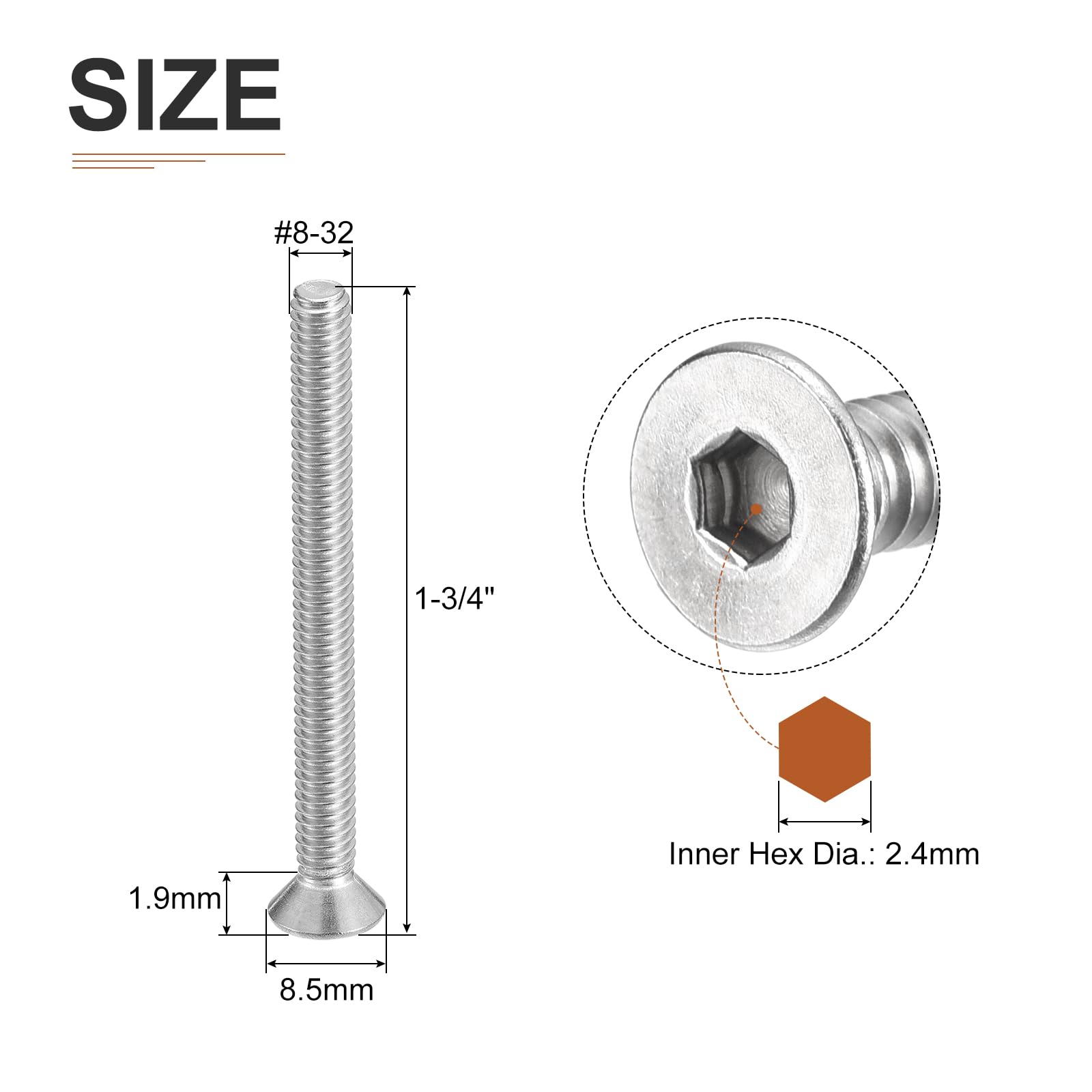 DTGN #8-32 x 1/2" Flat Head Socket Cap Screws, 100 Pack 304 Stainless Steel Hex Socket Flat Head Screws, Full Thread, Countersunk Bolts - Image 2