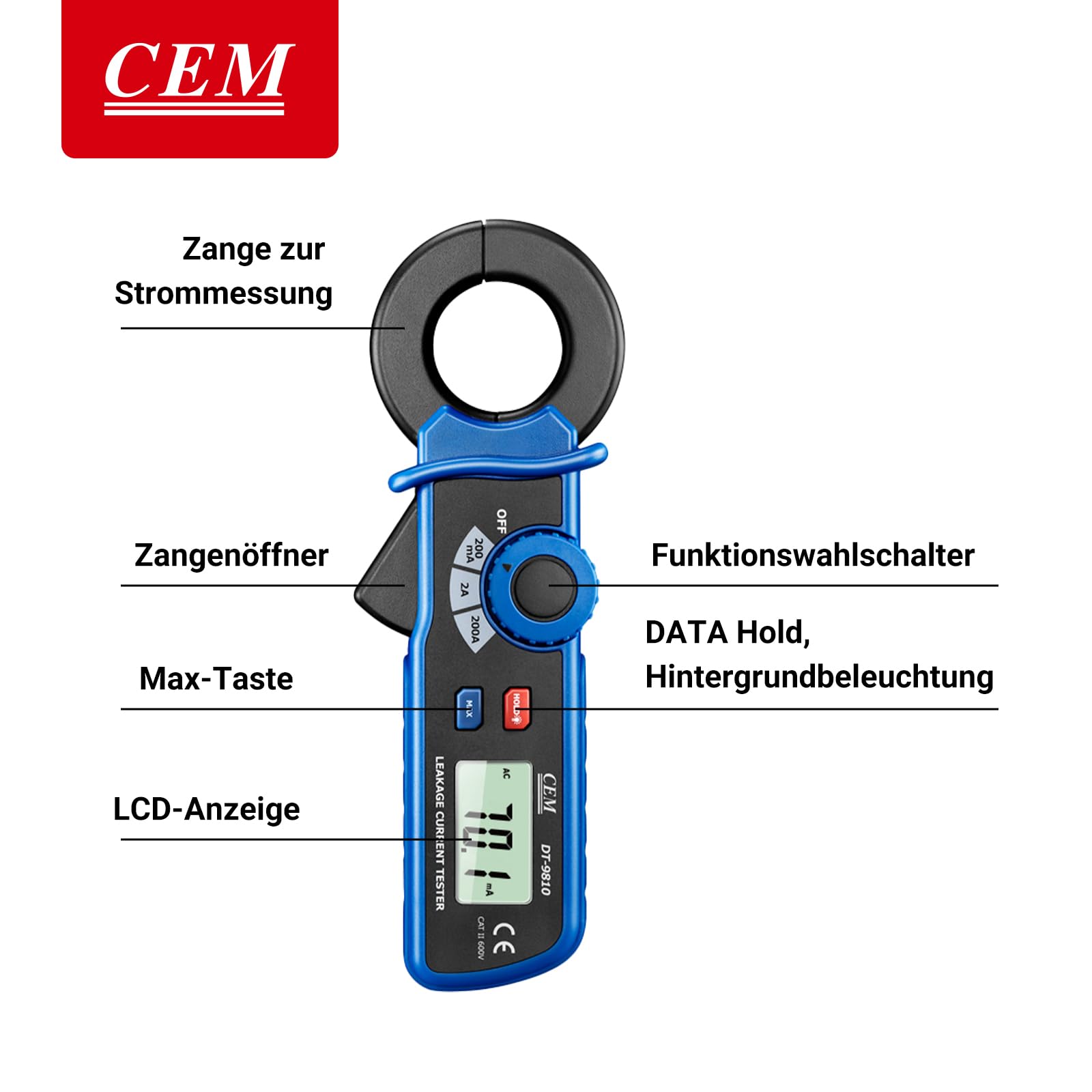 CEM DT-9810 Digitale Stromzange AC-Leckstrom stromzangenmessgerät – Präzisions 100μA Mini-Leckstrom Messgerät Digitales leckstromzange zangenamperemeter mit Data-Hold & automatischer Abschaltung