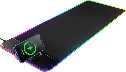Alfombrilla de mouse RGB grande para juegos con carga inalámbrica, alfombrilla de mouse LED de 15 W, tela de microfibra premium, base