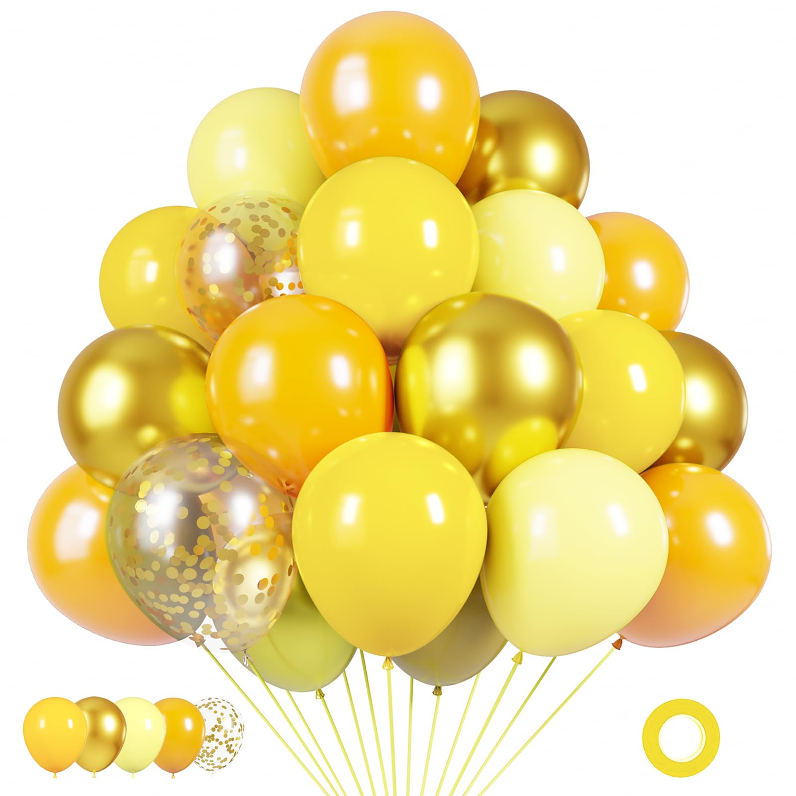 Yellow Balloons Kit, 50Pcs 12in Matte Yellow Latex Balloons, Light Yellow and Metallic Gold Balloons for Birthday Wedding Baby Shower Bride Sunflower Theme Party Decoration