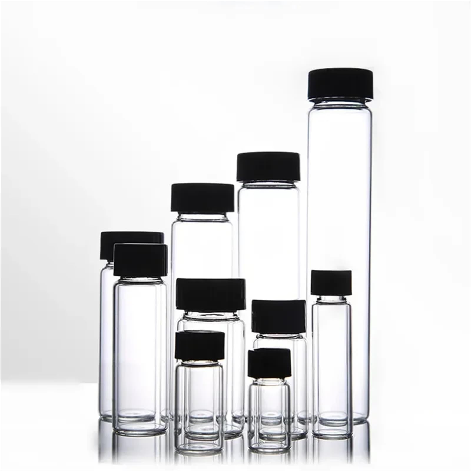 Lagerung von Proben aus Hochborosilikatglas, 50 Stück/100 Stück/Packung, 3 ml bis 60 ml, klares Glas mit schwarzem Schraubverschluss aus Kunststoff(10ml 22x52mm 100pcs)