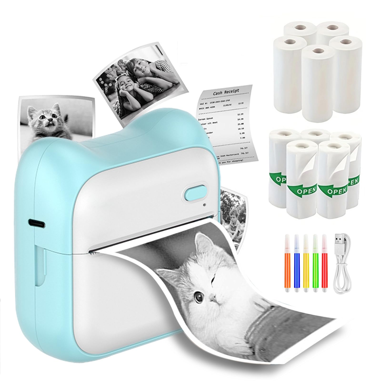 Thermal Mini Printer, Portable Inkless Sticker Maker with 11 Rolls Printing Paper, for Photo Journal Notes Memo, Compatible with iOS & Android