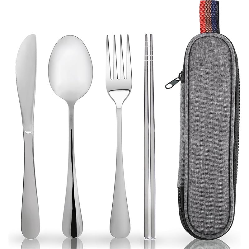 HHZalvyre Stainless Steel Cutlery Set for 1 Person, Portable Travel Utensils with Case, 4-Piece Camping Set with Knife Fork Spoon & Metal Chopsticks, Reusable Silver Cutlery Set for Work Lunch