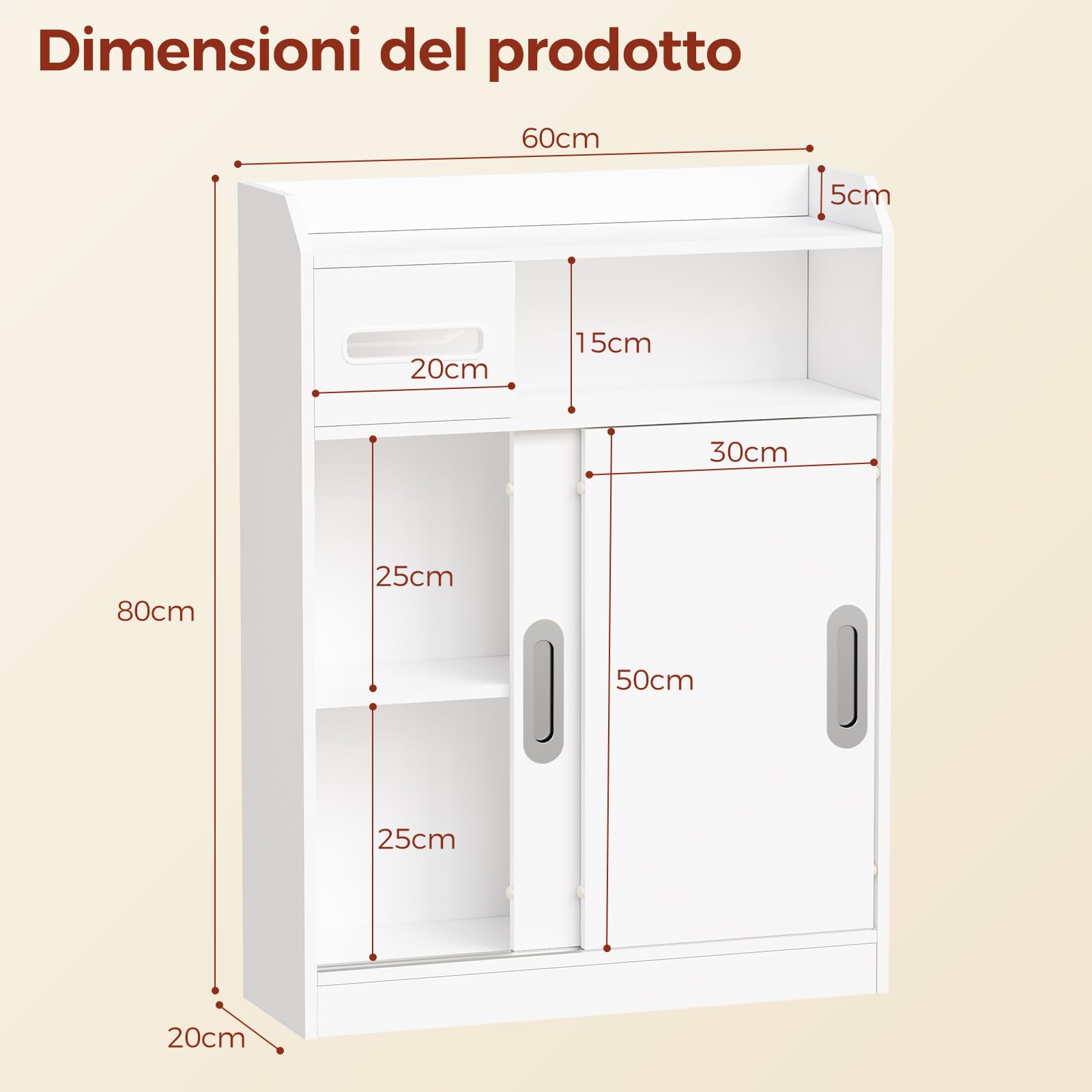 BEWISHOME Mobile da Bagno,Mobiletto Bagno Salvaspazio con Ante Scorrevoli,Maniglie Incassate,Portarotolo e Ripiani Regolabili,Accanto al Water,20x60x80 cm,Bianco EYYG16W