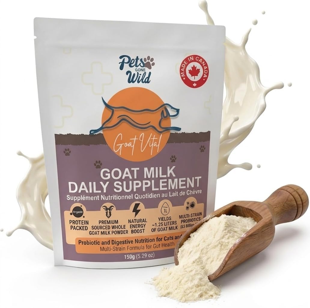 Pets Gone Wild Goat Milk Powder with 70 Billion Probiotics for Digestive & Immune Support | Use as Milk or Food Topper for Dogs & Cats of All Breeds, Sizes & Ages | Made in Canada | 150g (5.29 oz)