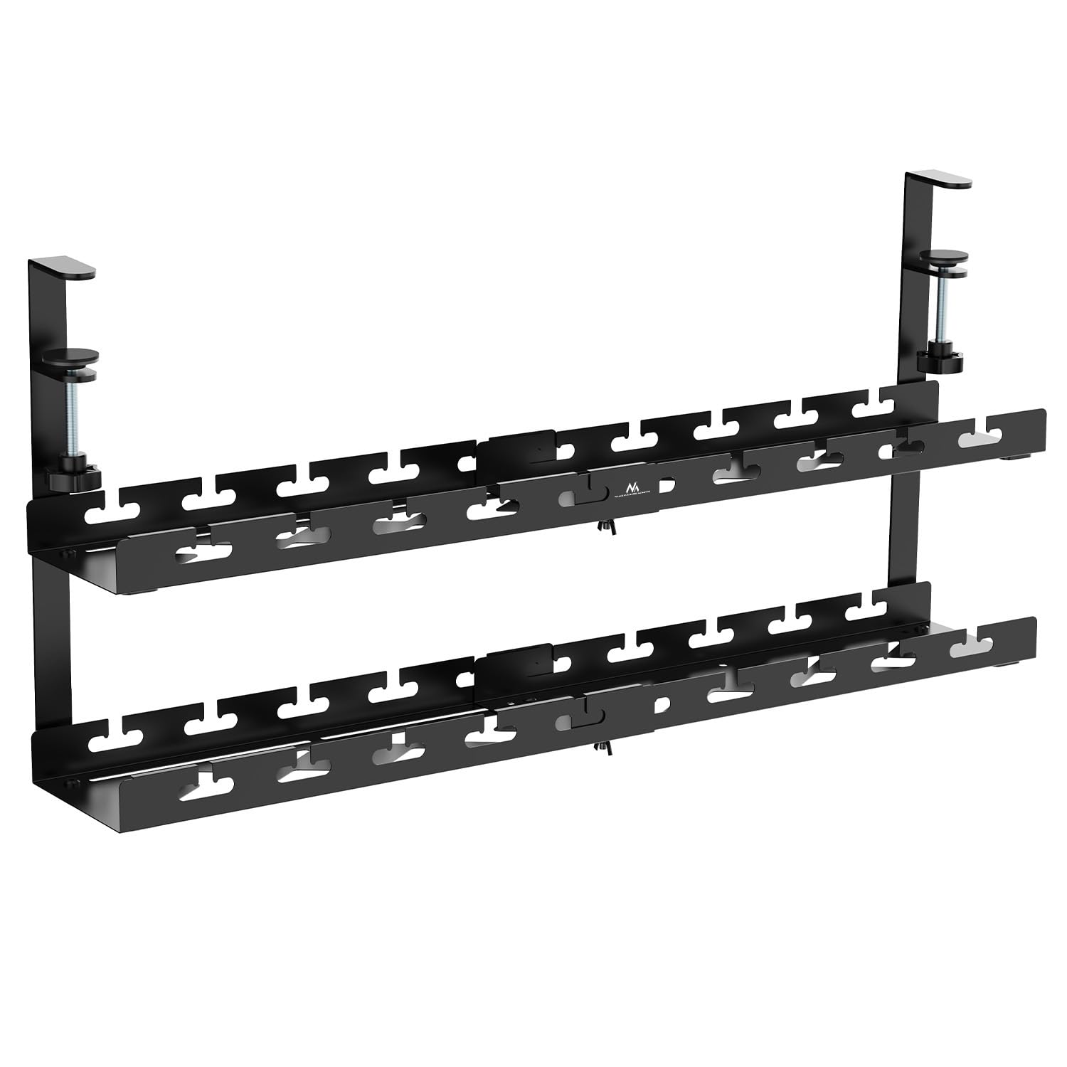 Maclean MC-102B - Organizer kabli z 2 półkami, regulowany, z mocowaniem zaciskowym 433-728 mm, wytrzymały uchwyt na gniazdo 5 kg, z przepustem kablowym i zapięciami na rzepy