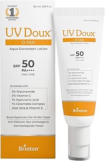 UV Doux D-Tan Aqua Sunscreen Lotion SPF 50 PA++++ | India’s No.1 Dermatologist Recommended Brand |Ceramide, Niacinamide, Vitamin C & Hyaluronic Acid | Broad Spectrum | Dry & Sensitive Skin | 50 ml