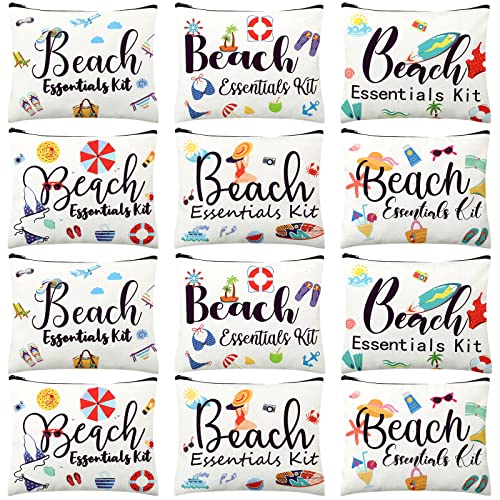 Chunful 12 Pcs Makeup Bag Summer Themes Cosmetic Bag Bulk Portable Essentials Kit Survival Kit Flamingo Palm Leaves Cosmetic Pouch with Zipper for Women Travel Accessories(Beach)