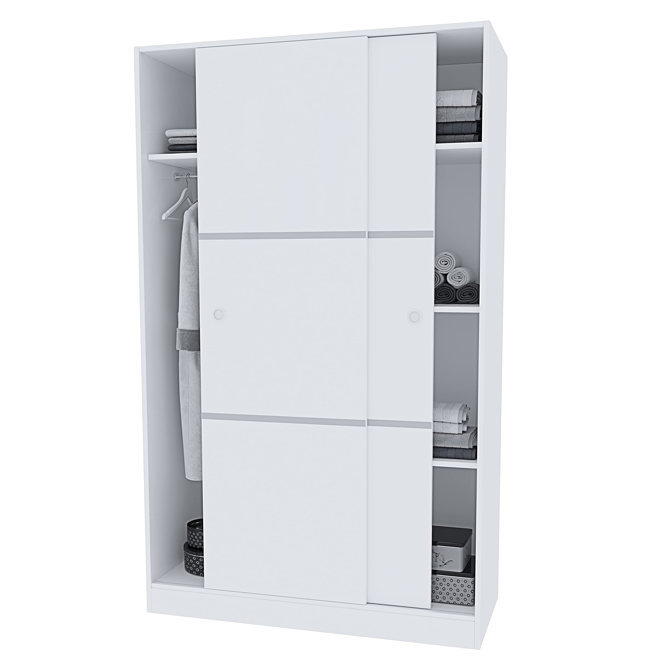 Reus Solidna szafka do przechowywania, wielofunkcyjna, z 2 drzwiami przesuwnymi, 1 drążek na płaszcze, 4 półki, do sypialni, umeblowanie, 200 x 120 x 50 cm, kolor biały błyszczący
