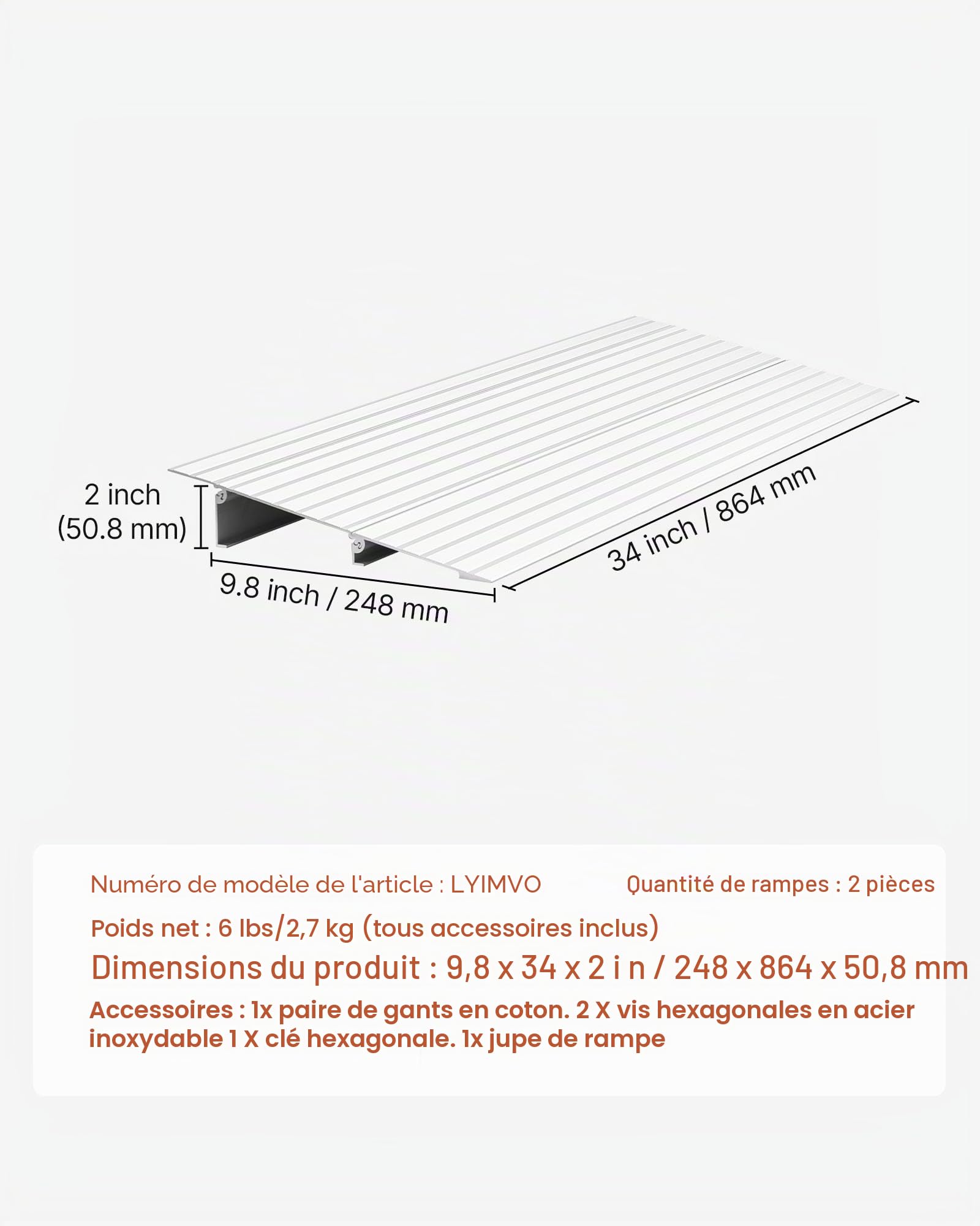 VEVOR Rampe de Seuil de Porte pour Fauteuil Roulant, Hauteur Max 59 mm, Charge Max 363 kg, Rampe en Alliage Aluminium pour Fauteuils Roulants, Scooters, Fauteuils Électriques, Déambulateurs, Vélos