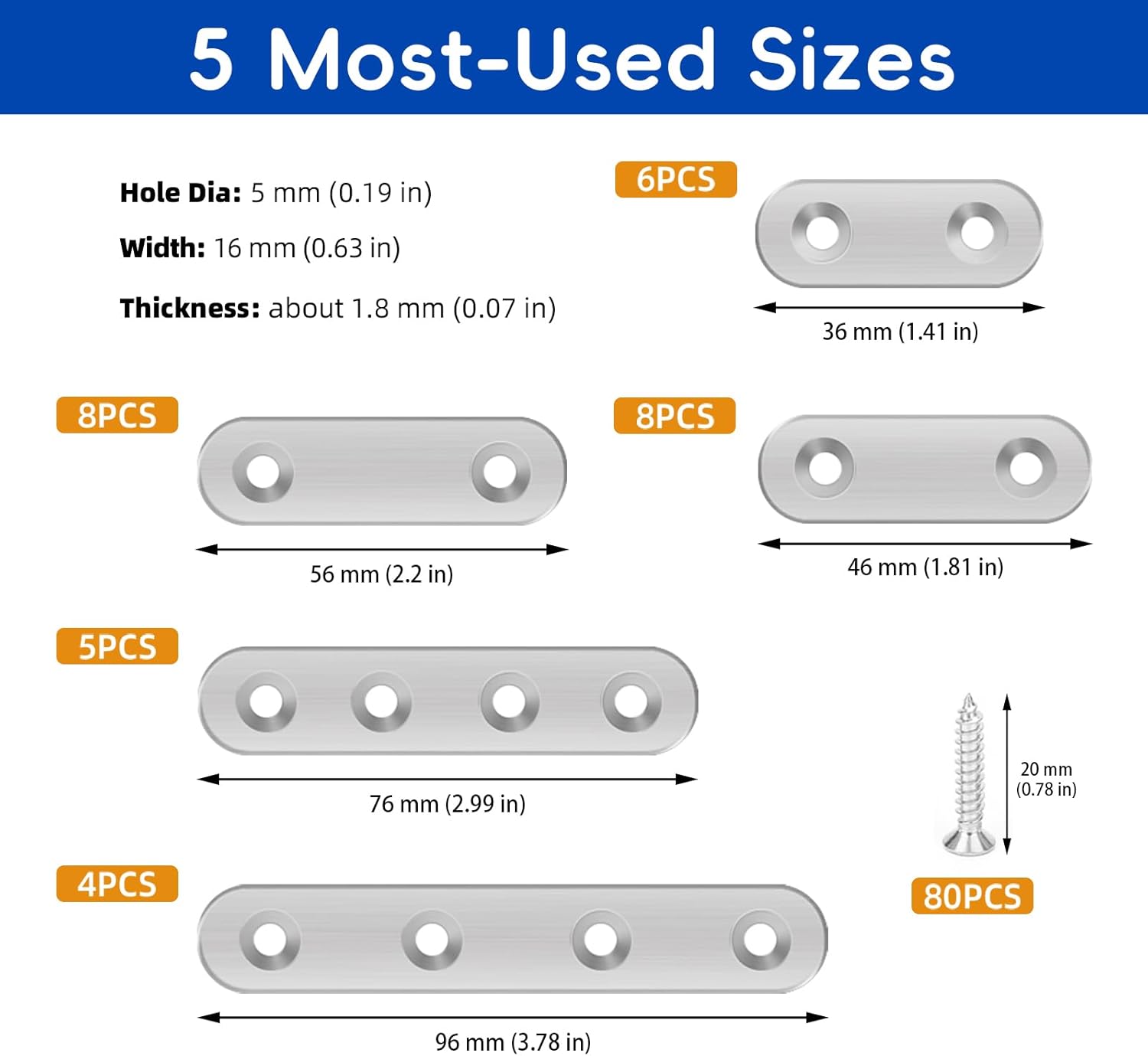 111PCS 5 Sizes Flat Mending Plates for Wood Metal Brace Bracket Stainless Steel Straight Wood Brackets with Screw Holes 1.4"/1.8"/2.2"/3.0"/3.8" inch(Silver)