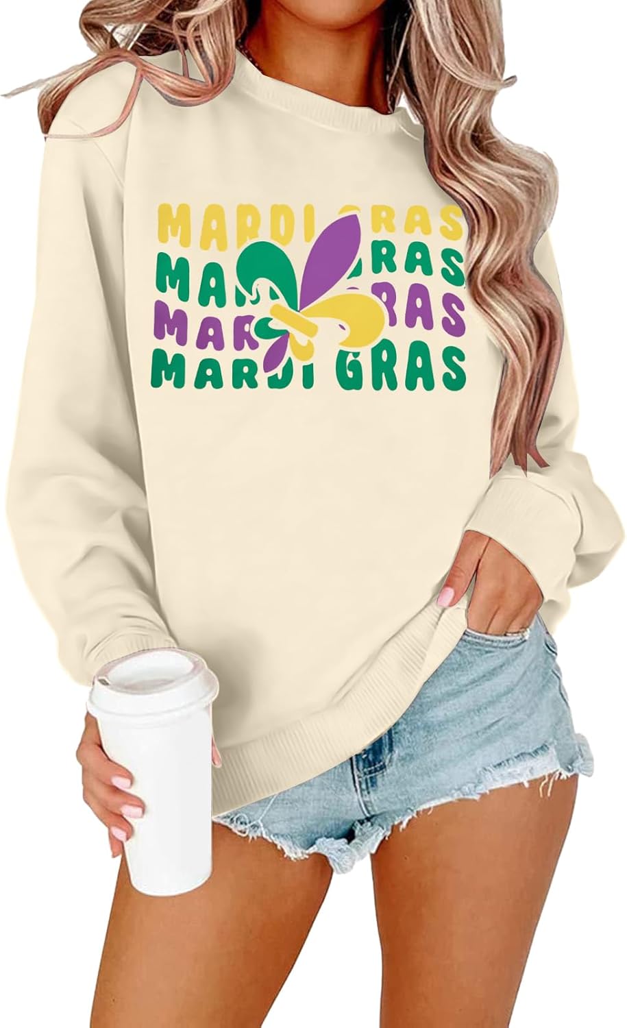 ALLTB Mardi Gras Sweatshirt for Women Carnival Outfit Shirt Fat Tuesday Shirt Holiday Party Long Sleeve Tops