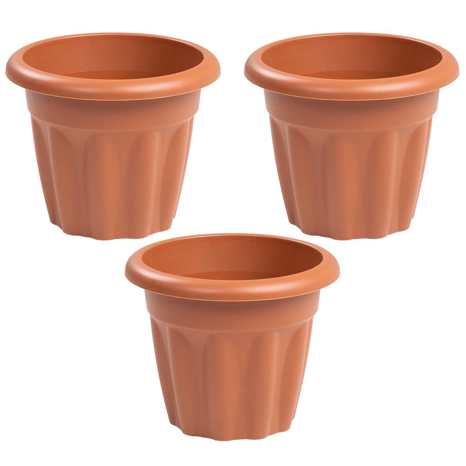TRG 25cm Garden Plant Pots – Round Plastic Planters In Classic Terracotta Finish, Ideal For Flowers, Herbs & Shrubs, Perfect For Patio, Balcony, Greenhouse & Outdoor Displays, Made In UK - (Set Of 3)