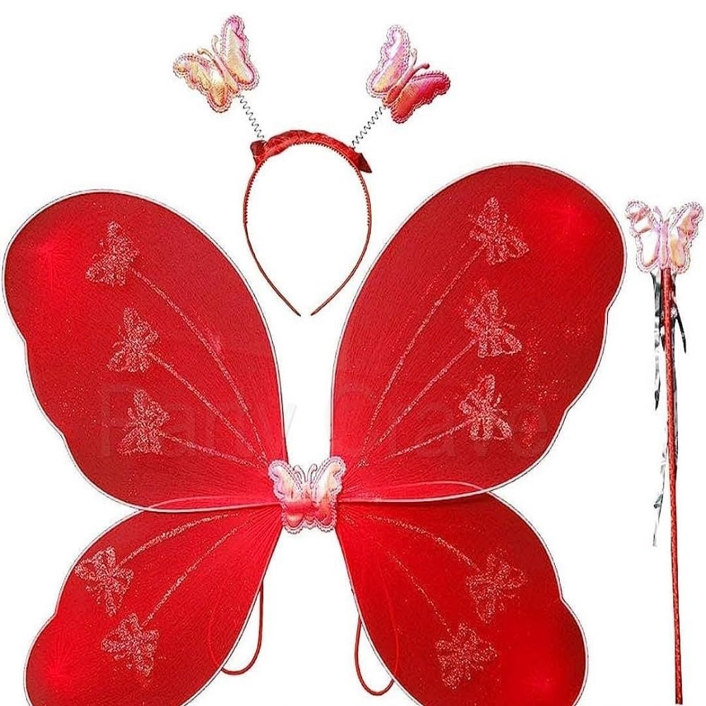 Polyester Baby Fairy Angels: Costume Set With Butterfly Wings, Hair Band, And Magic Wand Baby Girls Matching Costume For Various Special Occasions(Set Of 3) (Red)