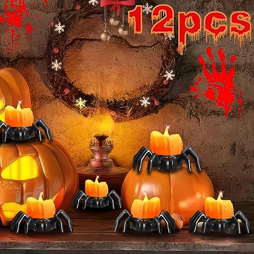Halloween Velas Led Efecto Llama,12 Pcs Luces de Té Sin Llama Velas Led de Araña Velas Eléctricas con BateríAs Flameless Candle para Decoraciones de Halloween Favores de Fiesta [Amarillas CáLidas]