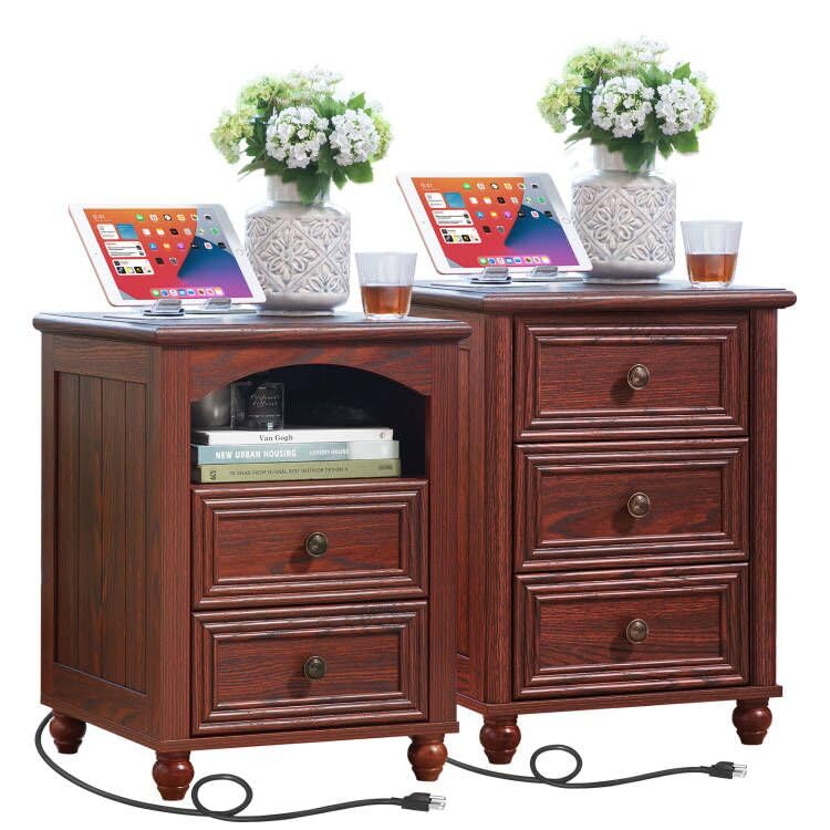 18" Farmhouse Night Stand Set 2 with Charger Station, RedOak 2 & 3 Drawers Wood Nightstand, Bedside End Table with Storage and Roman Column, Bed Side Tables Cabinet for Bedroom Living Room and Closet