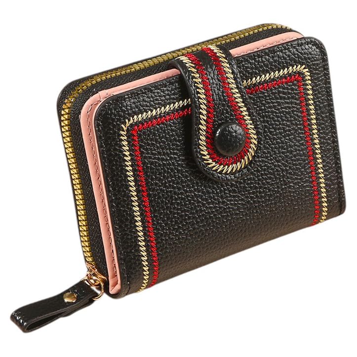 Stylish Embroidered Pattern Dual Compartment Wallet for Women and Girls, Luxury PU Leather RFID Blocking Wallet with 9 Card Slots for Girls (Black)-image-1