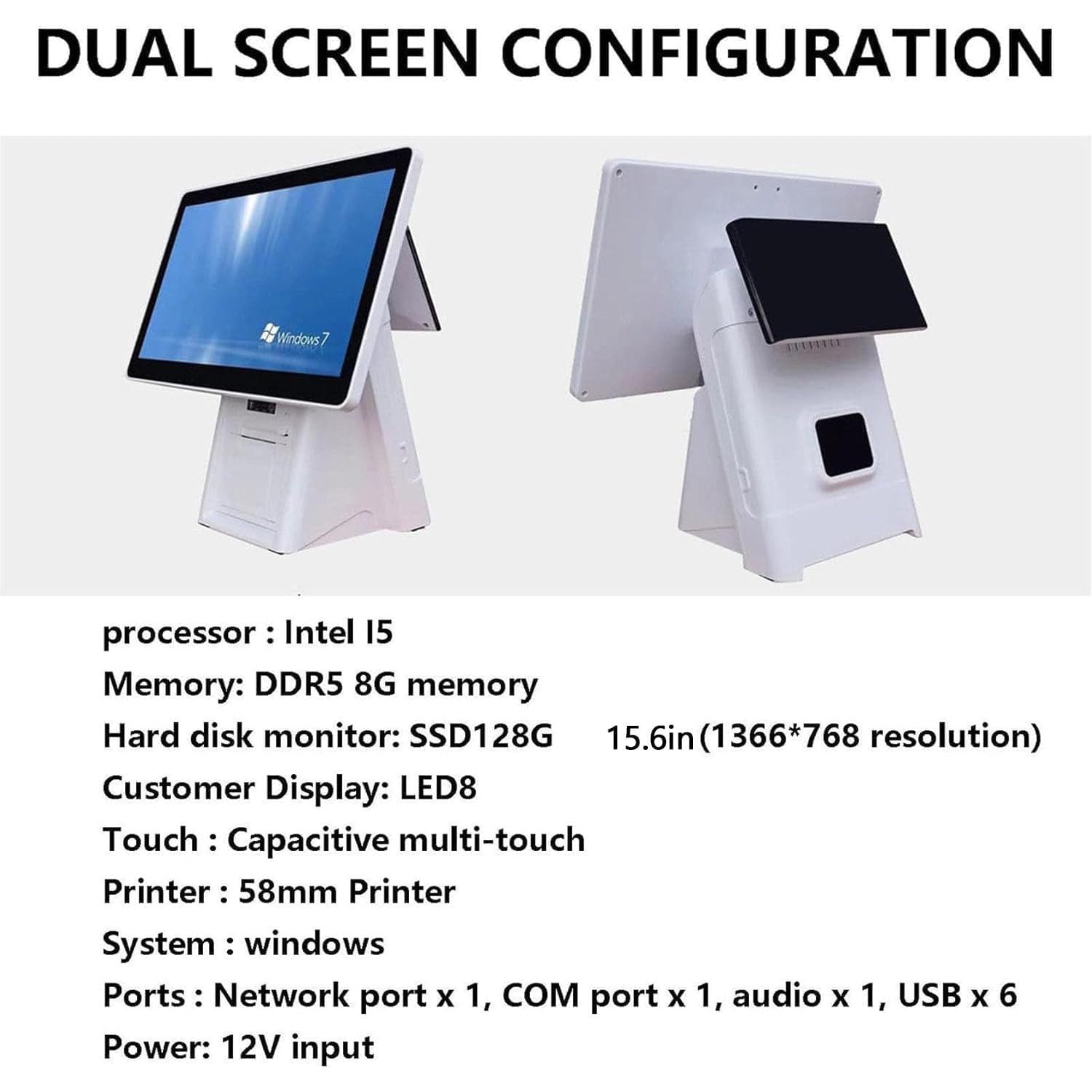 Terminale POS 15,6" con Stampante 58mm Integrata, Schermo Alta Risoluzione, Compatibile con Windows/Linux per Ordinazioni e Pagamenti Singlescreen
